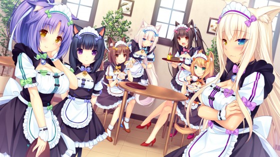 NEKOPARA Vol. 1 - Scéna - Catgirls (zľava) - Cinnamon, Shigure (človek), Azuki, Vanilla, Chocola, Maple, Coconut 