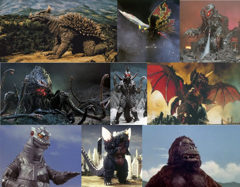 Nepriatelia Godzilly. Zľava hore: Angurius, Battra, Hedorah, Biollante, Gigan, Destroyah, Mechagodzilla, Space Godzilla a King Kong. 